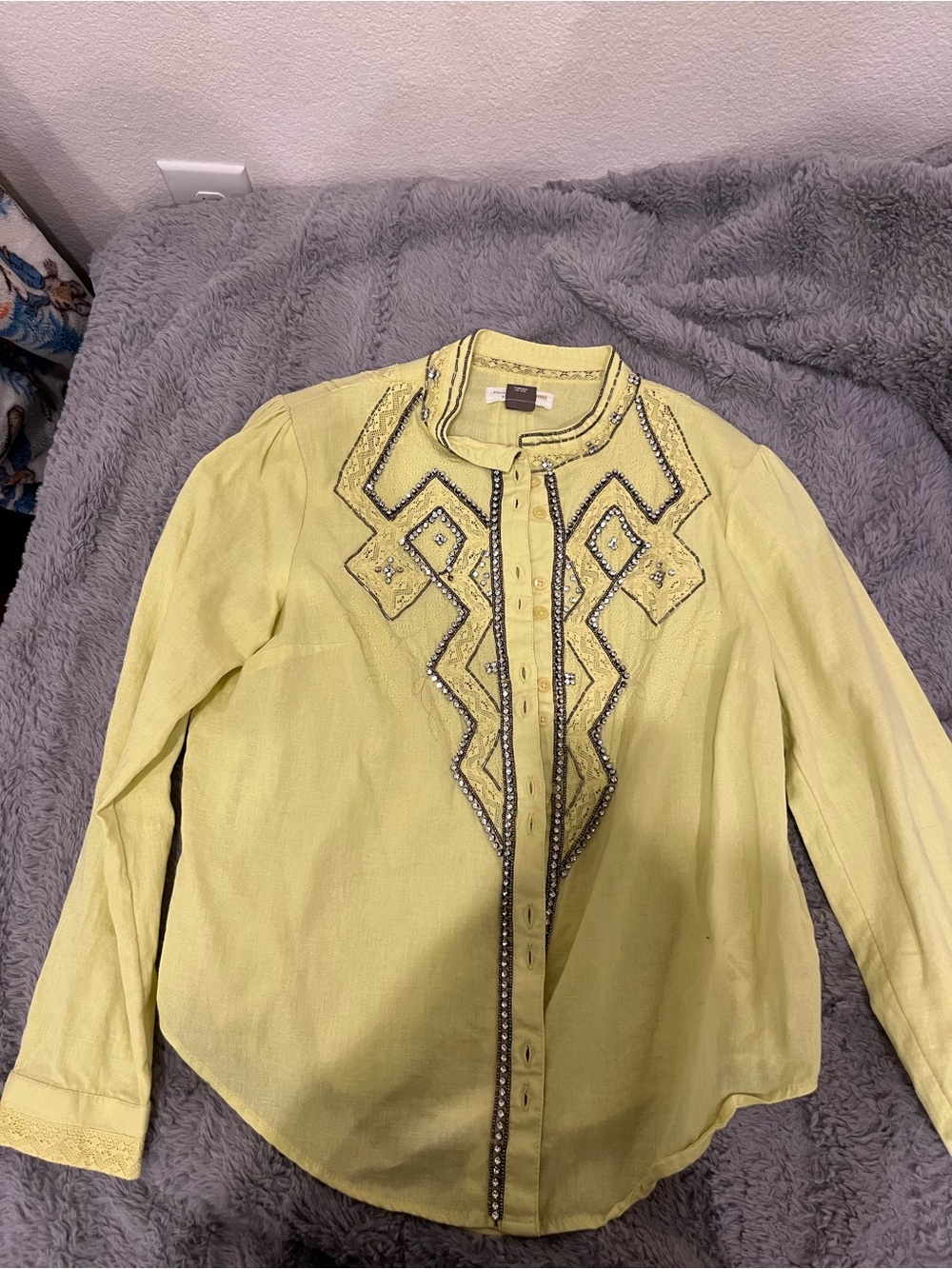 Anthropologie Lime Beaded Button-Up Jacket